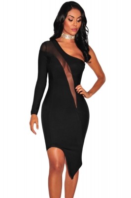 Black Asymmetrical Mesh Cutout One Shoulder Club Dress